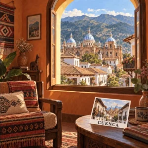AI-illustratie van een warme kamer met uitzicht op Cuenca en een ansichtkaart met de tekst Cuenca