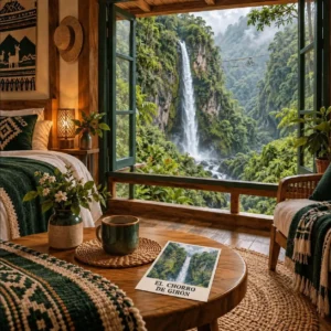 AI-illustratie van een lodge met uitzicht op de waterval en een ansichtkaart met El Chorro de Girón