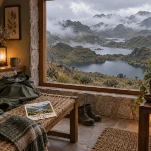 AI-illustratie van een berglodge met uitzicht op de lagunes van Cajas en een ansichtkaart met Parque Nacional Cajas