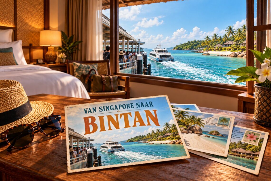 AI-sfeerillustratie met ansichtkaarten in een hotelkamer, een ferry en de kust van Bintan
