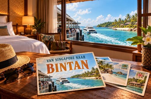AI-sfeerillustratie met ansichtkaarten in een hotelkamer, een ferry en de kust van Bintan