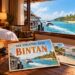 AI-sfeerillustratie met ansichtkaarten in een hotelkamer, een ferry en de kust van Bintan