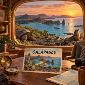 AI-illustratie van een reiskamer met uitzicht op de Galápagoseilanden en een ansichtkaart met Galápagos