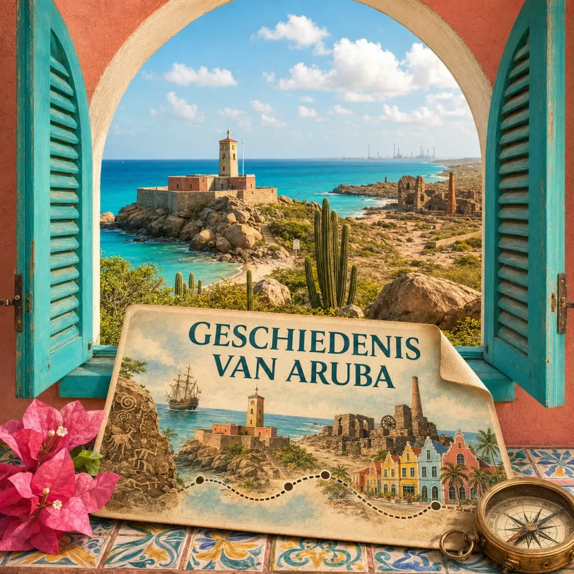 Geïllustreerde postcard over de geschiedenis van Aruba bij een koloniaal raam met historische bezienswaardigheden