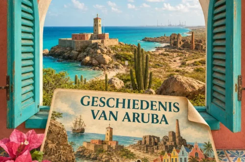 Geïllustreerde postcard over de geschiedenis van Aruba bij een koloniaal raam met historische bezienswaardigheden