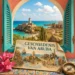 Geïllustreerde postcard over de geschiedenis van Aruba bij een koloniaal raam met historische bezienswaardigheden