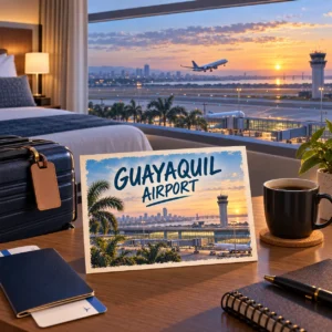 Geïllustreerde hotelkamer met uitzicht op de luchthaven van Guayaquil en een vliegtuig bij zonsopkomst