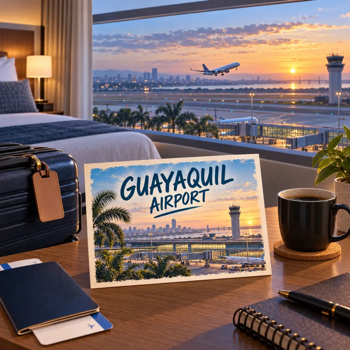 AI-generated illustration of a hotel room overlooking an airport and an airplane at sunrise, with a Guayaquil Airport postcard.