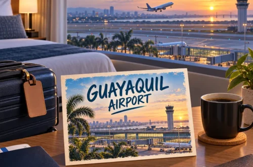 AI-generated illustration of a hotel room overlooking an airport and an airplane at sunrise, with a Guayaquil Airport postcard.