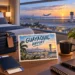 AI-generated illustration of a hotel room overlooking an airport and an airplane at sunrise, with a Guayaquil Airport postcard.