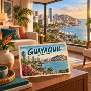 Geïllustreerde hotelkamer met uitzicht op de Río Guayas, de skyline van Guayaquil en Las Peñas