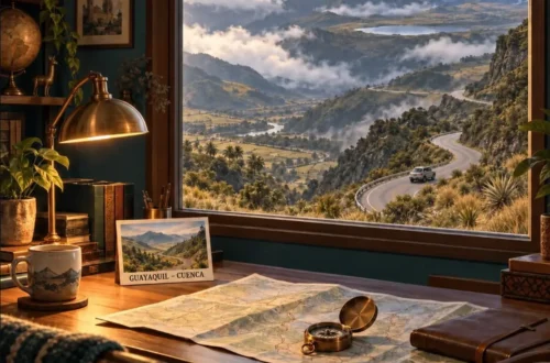 AI-generated illustration of a room overlooking a winding road through the Andes, with a Guayaquil–Cuenca postcard.