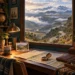 AI-generated illustration of a room overlooking a winding road through the Andes, with a Guayaquil–Cuenca postcard.