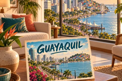 AI-generated illustration of a hotel room overlooking the Guayas River, Guayaquil skyline and Las Peñas, with a Guayaquil postcard.