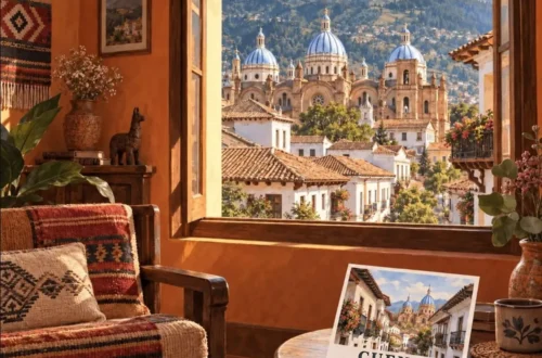 Ilustración generada con IA de una habitación acogedora con vistas a la catedral de Cuenca y las montañas, con una postal de Cuenca.