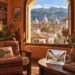 Ilustración generada con IA de una habitación acogedora con vistas a la catedral de Cuenca y las montañas, con una postal de Cuenca.