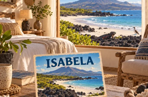 Geïllustreerde strandbungalow met uitzicht op de kust, lavarotsen en een vulkaan op Isabela