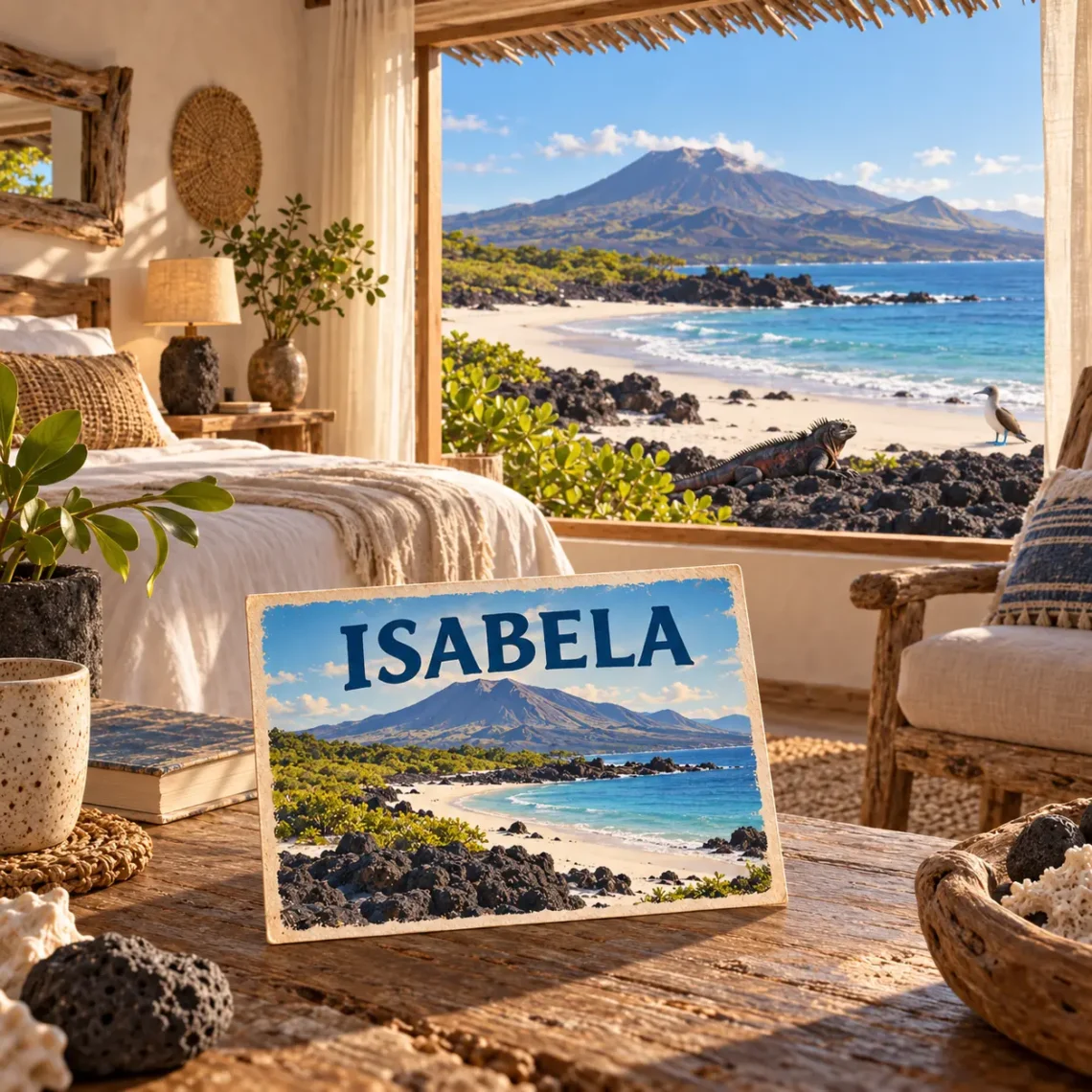 AI-generated illustration of a beach bungalow overlooking Isabela’s coast, lava rocks and a volcano, with an Isabela postcard.