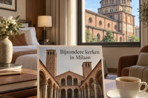 AI-beeld van een hotelkamer met uitzicht op Santa Maria delle Grazie en een ansichtkaart van Sant'Ambrogio
