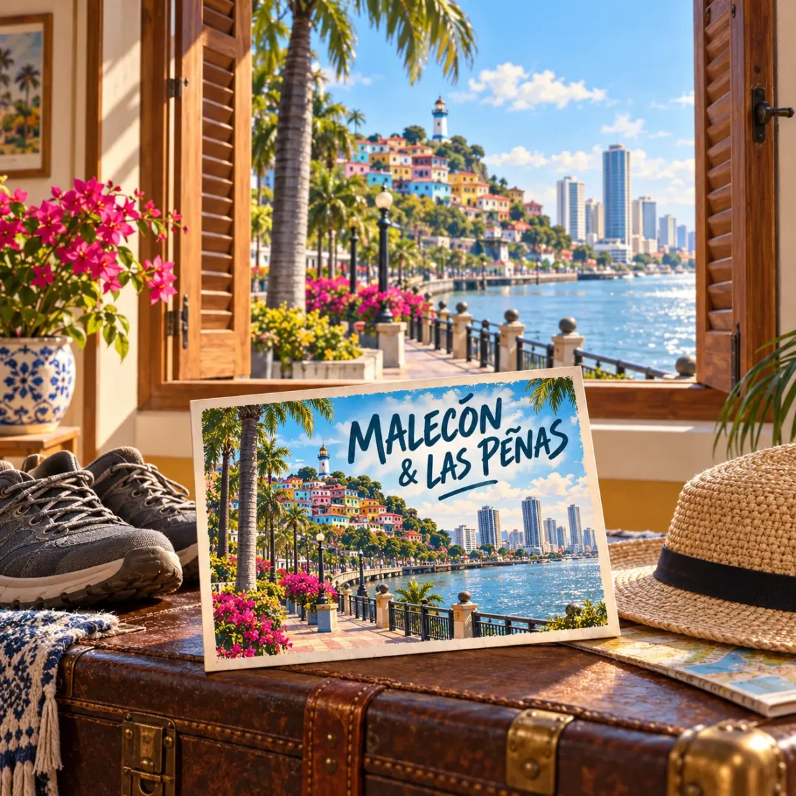 Ilustración generada con IA de una habitación con vistas al malecón de Guayaquil y al colorido barrio de Las Peñas, con una postal de esos lugares.