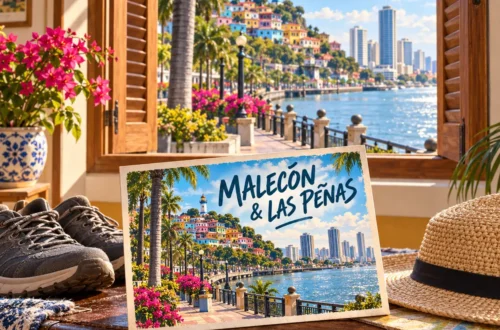 Ilustración generada con IA de una habitación con vistas al malecón de Guayaquil y al colorido barrio de Las Peñas, con una postal de esos lugares.