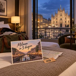 AI-beeld van een hotelkamer met avondzicht op de Duomo en een ansichtkaart met Milaan in 3 dagen