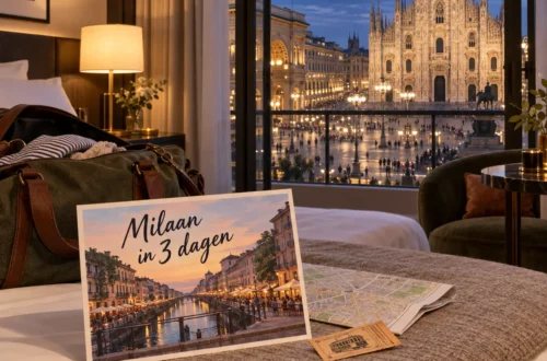 AI-beeld van een hotelkamer met avondzicht op de Duomo en een ansichtkaart met Milaan in 3 dagen