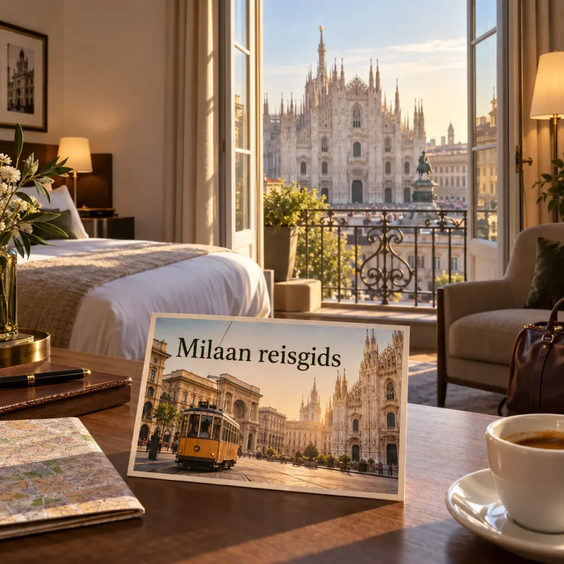 AI-beeld van een hotelkamer met uitzicht op de Duomo en een ansichtkaart met Milaan reisgids