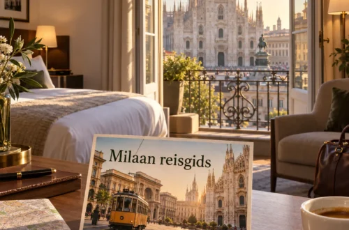 AI-beeld van een hotelkamer met uitzicht op de Duomo en een ansichtkaart met Milaan reisgids
