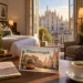 AI-beeld van een hotelkamer met uitzicht op de Duomo en een ansichtkaart met Milaan reisgids