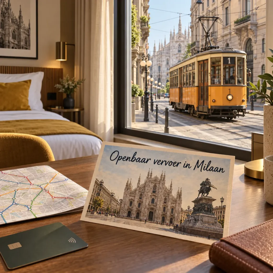 AI-beeld van een hotelkamer met uitzicht op historische tram 1 en een ansichtkaart over openbaar vervoer in Milaan