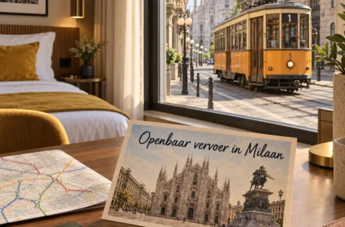 AI-beeld van een hotelkamer met uitzicht op historische tram 1 en een ansichtkaart over openbaar vervoer in Milaan