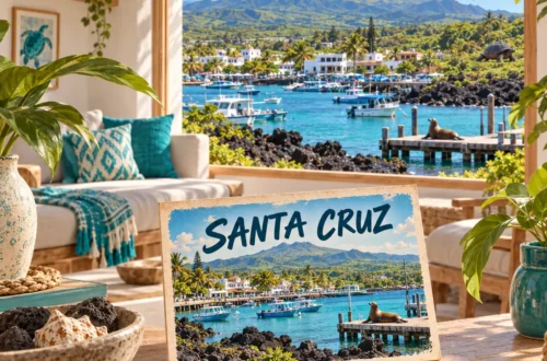 AI-generated illustration of an ecolodge overlooking Puerto Ayora, boats and a rocky shore with a sea lion, with a Santa Cruz postcard.
