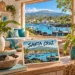 AI-generated illustration of an ecolodge overlooking Puerto Ayora, boats and a rocky shore with a sea lion, with a Santa Cruz postcard.