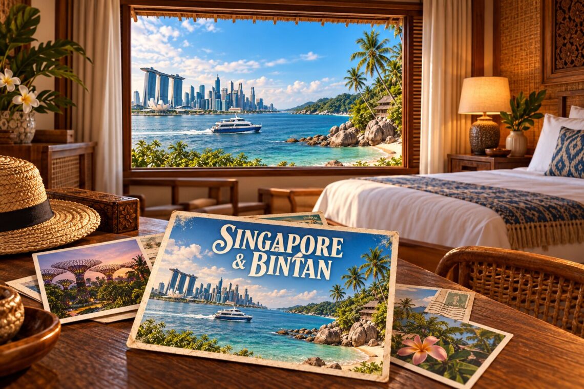 AI-sfeerillustratie met ansichtkaarten in een hotelkamer, de skyline van Singapore en de kust van Bintan