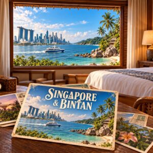 AI-sfeerillustratie met ansichtkaarten in een hotelkamer, de skyline van Singapore en de kust van Bintan