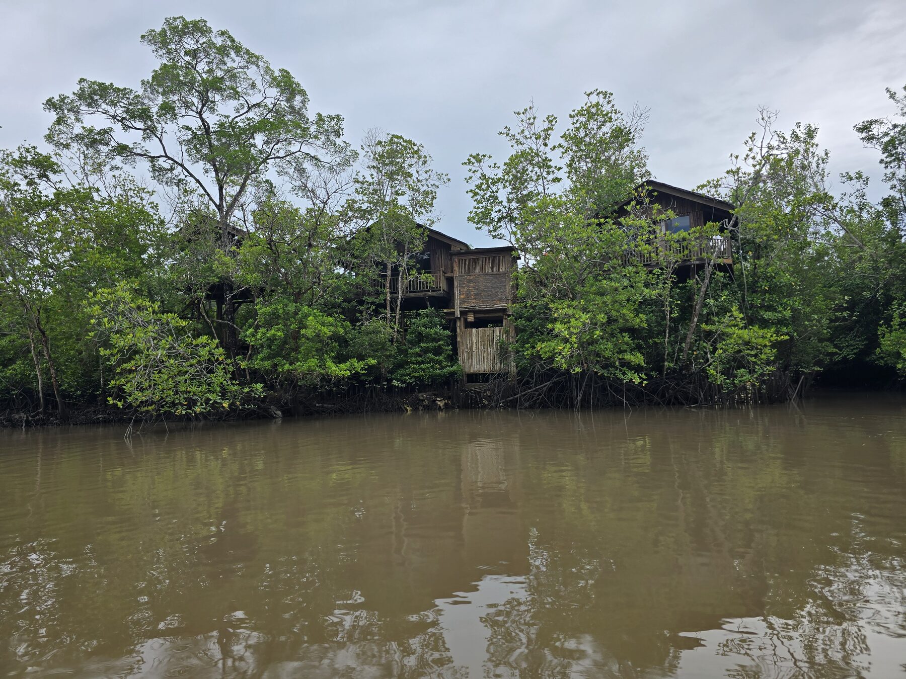 Verlaten houten gebouw tussen de mangrovebomen langs het water op Bintan