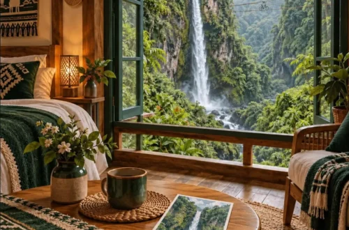Ilustración generada con IA de un alojamiento con vistas a una cascada en un barranco verde y una postal de El Chorro de Girón.