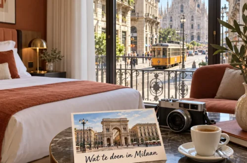 AI-beeld van een hotelkamer met uitzicht op de Duomo en tram 1 en een ansichtkaart met Wat te doen in Milaan