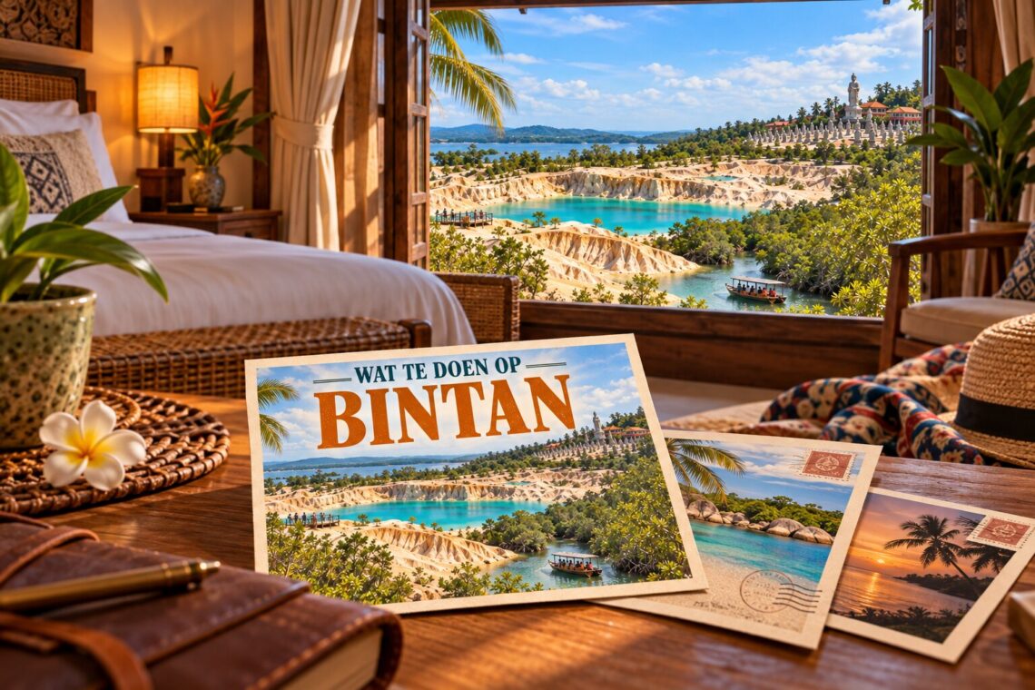 AI-sfeerillustratie met een ansichtkaart over Bintan, Blue Lake, zandformaties en tempels
