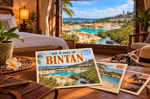 AI-sfeerillustratie met een ansichtkaart over Bintan, Blue Lake, zandformaties en tempels