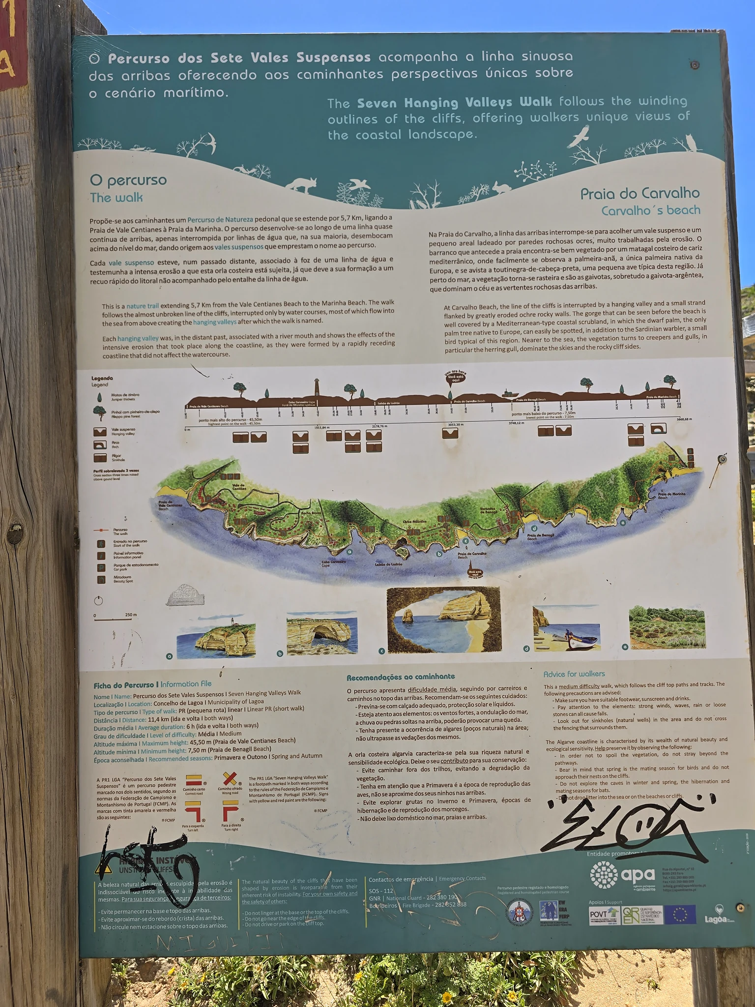 Informatiebord met routekaart van de Seven Hanging Valleys Trail en uitleg over Praia do Carvalho.
