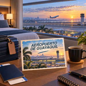 Ilustración generada con IA de una habitación con vistas a un aeropuerto y un avión al amanecer, con una postal del aeropuerto de Guayaquil.