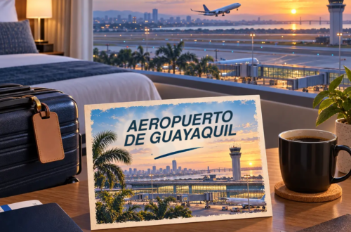 Ilustración generada con IA de una habitación con vistas a un aeropuerto y un avión al amanecer, con una postal del aeropuerto de Guayaquil.