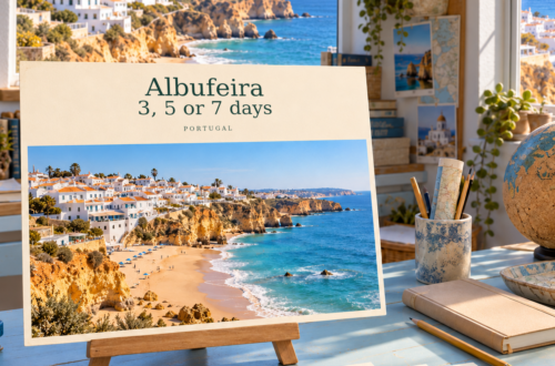 AI illustration with a postcard for Albufeira — 3, 5 or 7 days, beside a window overlooking the Algarve.