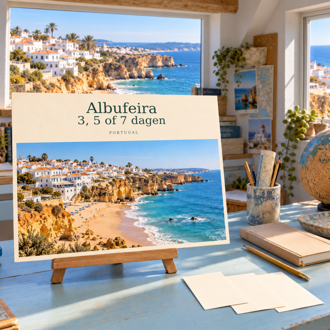AI-illustratie in ansichtkaartstijl voor Albufeira in 3, 5 of 7 dagen.