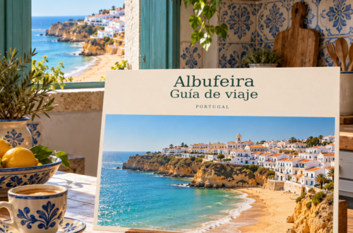 Ilustración con IA de una postal sobre Albufeira — Guía de viaje, junto a una ventana con vistas al Algarve.