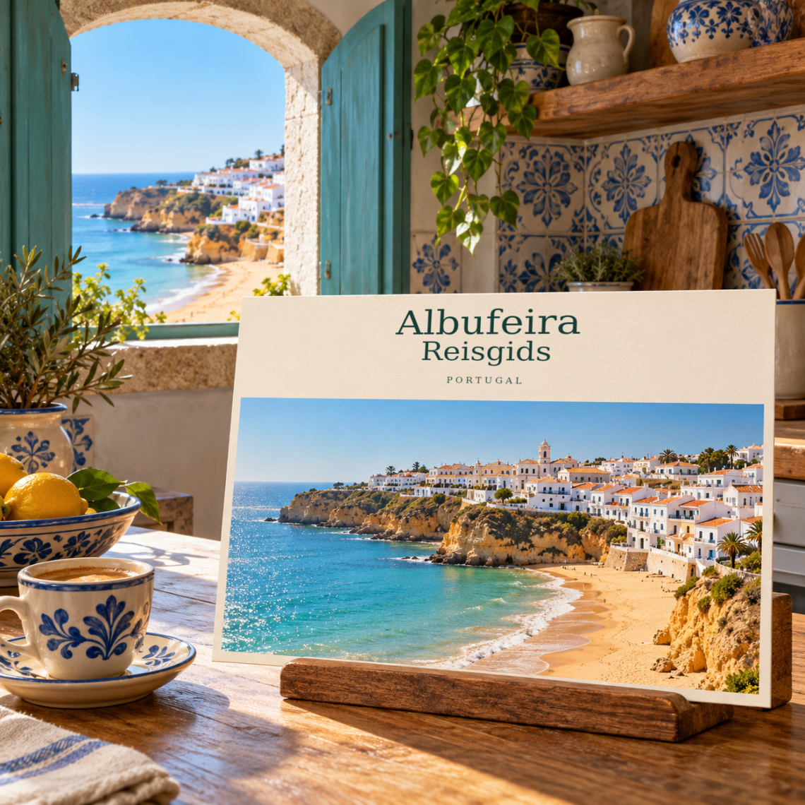 AI-illustratie van een ansichtkaart met Albufeira in een Portugese keuken bij een raam.