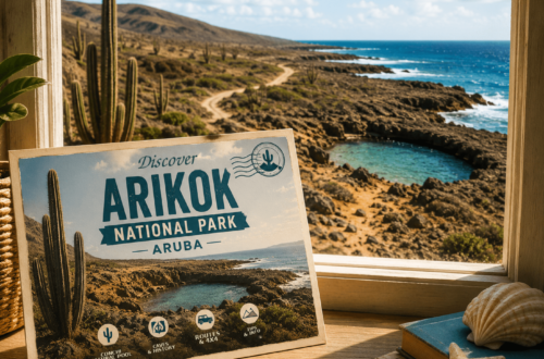 AI-generated illustration of a room overlooking Aruba’s rugged coast and natural pool, with a postcard of Arikok National Park and visitor activities.