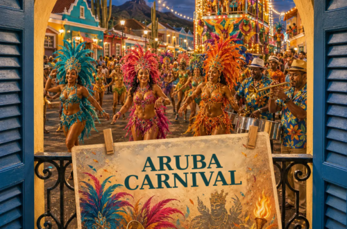 AI-generated illustration of a balcony overlooking a colorful carnival parade with musicians and a postcard about Aruba Carnival.